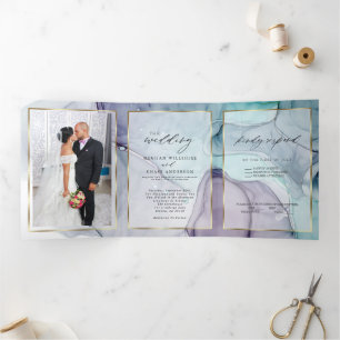 Invitación Tríptica Tinta Abstracta de Amatista Verde Teal Elegante