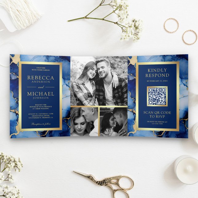Invitación Tríptica Tinta Fluida Azul Real Dorada Código QR Boda (Subido por el creador)