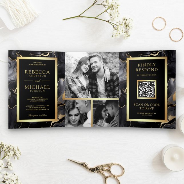 Invitación Tríptica Tinta fluida de oro negro Código QR de Boda (Subido por el creador)