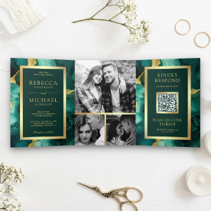 Invitación Tríptica Tinta Líquida Dorada Verde Esmeralda Código QR Bod
