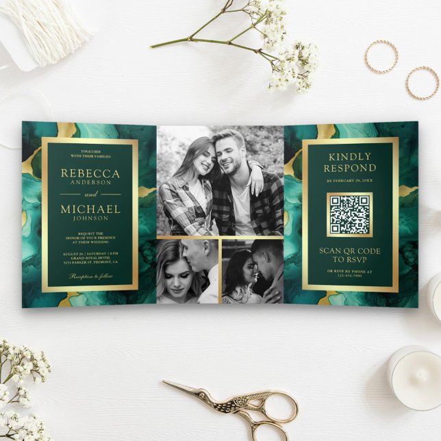 Invitación Tríptica Tinta Líquida Dorada Verde Esmeralda Código QR Bod (Subido por el creador)
