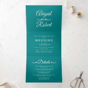 Invitación Tríptica Tipografía blanca moderna boda de fotografía azul