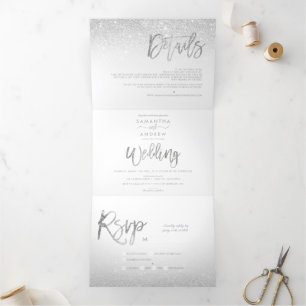 Invitación Tríptica Tipografía de purpurina plateado de moda boda blan