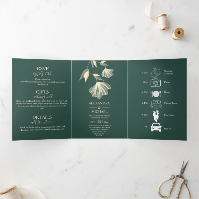 Invitación Tríptica Tipografía moderna Boda botánico verde esmeralda (Interior)