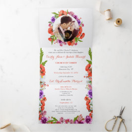 Invitación Tríptica Todo En Un Boda De Flores Púrpura Y Rojo