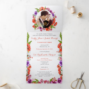 Invitación Tríptica Todo En Un Boda De Flores Púrpura Y Rojo