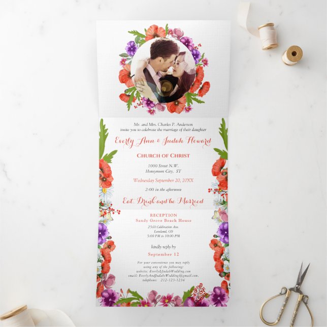 Invitación Tríptica Todo En Un Boda De Flores Púrpura Y Rojo (Interior)
