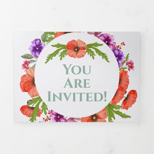 Invitación Tríptica Todo En Un Boda De Flores Púrpura Y Rojo (Foto de portada)