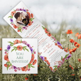 Invitación Tríptica Todo En Un Boda De Flores Púrpura Y Rojo