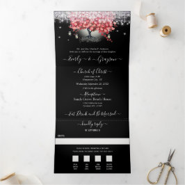 Invitación Tríptica Todo En Un Elegante Boda De Hojas De Corazón Rojo 