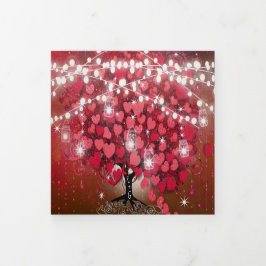 Invitación Tríptica Todo En Un Elegante Boda De Hojas De Corazón Rojo 