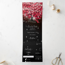 Invitación Tríptica Todo En Un Elegante Boda De Hojas De Corazón Rojo
