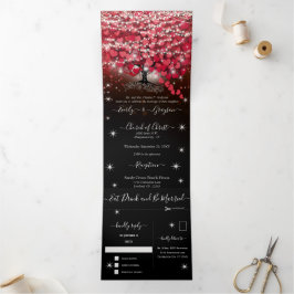 Invitación Tríptica Todo En Un Elegante Boda De Hojas De Corazón Rojo 