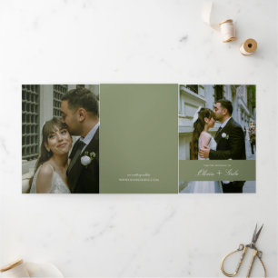 Invitación Tríptica Todo en uno Bodas Floral Francesa Verde Salvia con