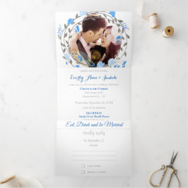 Invitación Tríptica Todo en Uno Corona Floral Gris Azul Bodas Francés