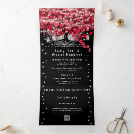 Invitación Tríptica Todo En Uno Elegante Corazón Rojo y Rosa Hoja Boda