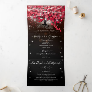 Invitación Tríptica Todo en uno elegante corazón rojo y rosa hoja boda