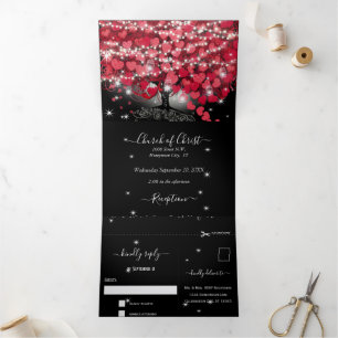 Invitación Tríptica Todo en uno elegante corazón rojo y rosa hoja boda