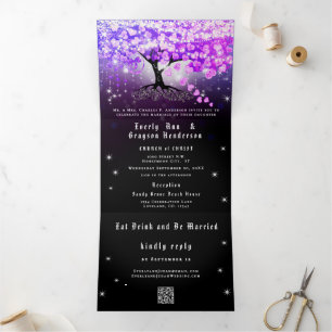 Invitación Tríptica Todo En Uno Elegante Corazón Rosa Púrpura Hoja Bod