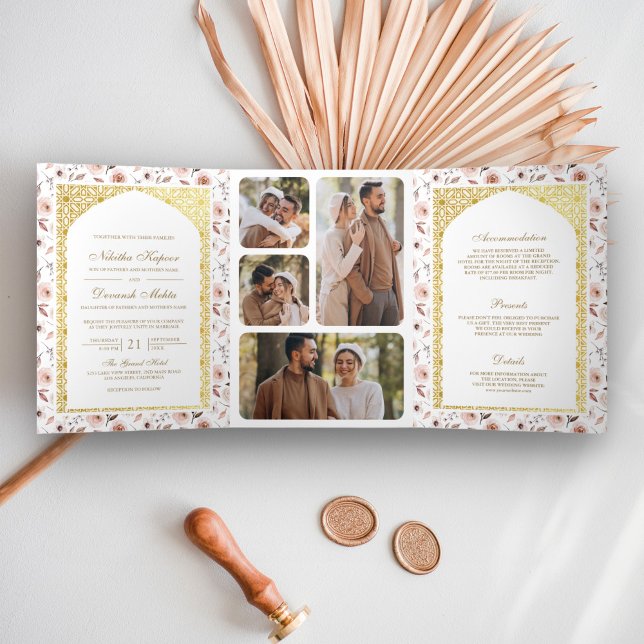 Invitación Tríptica Todo floral terrenal en un Boda indio de oro (Subido por el creador)