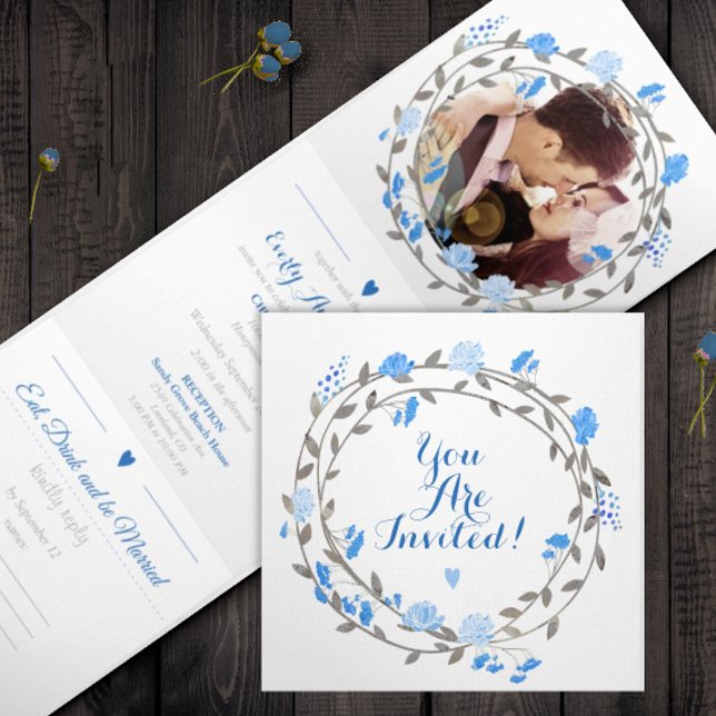 Invitación Tríptica Todos en un Boda floral gris azul francés (Subido por el creador)