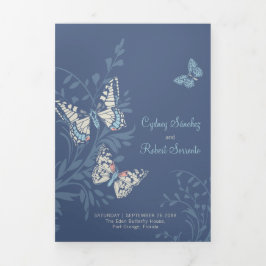 Invitación Tríptica Tonos bodas de mariposas azules todo en uno