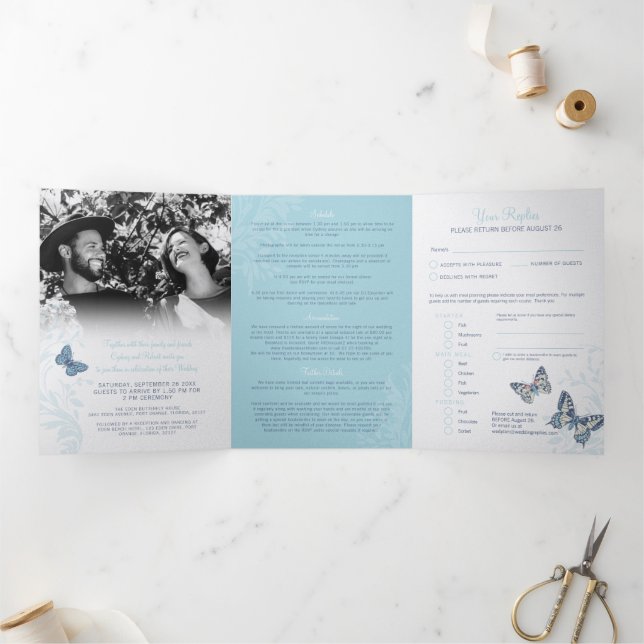 Invitación Tríptica Tonos bodas de mariposas azules todo en uno (Interior)