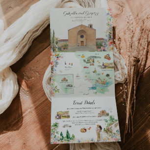 Invitación Tríptica Toscana Italia Boda Ilustrada