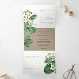 INVITACIÓN TRÍPTICA TRENDY KRAFT BERRY LEAFY FOLIAGE GREENERY BODA
