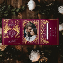 Invitación Tríptica Tri-Fold, Boda de León Medieval Real Rojo