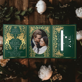 Invitación Tríptica Tri-Fold, Boda de León Medieval Verde