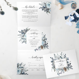 Invitación Tríptica Tri-Fold Invitation with RSVP Blue Floral Wedding