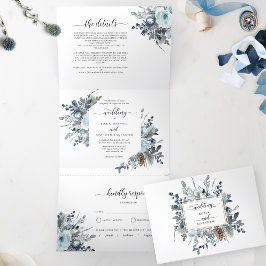 Invitación Tríptica Tri-Fold Invitation with RSVP Blue Floral Wedding