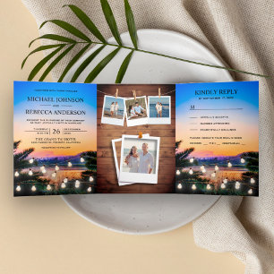 Invitación Tríptica Tropical Beach Sunset String Luces Foto Boda