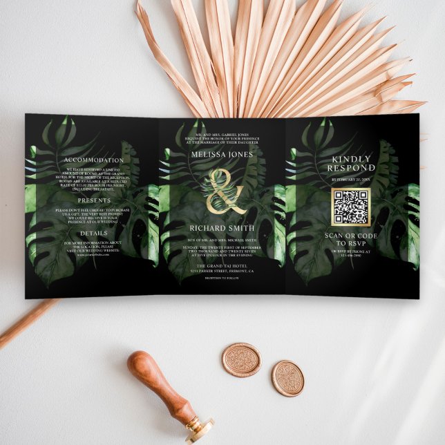 Invitación Tríptica Tropical Gold Monstera Palma Negro Código QR Boda (Subido por el creador)