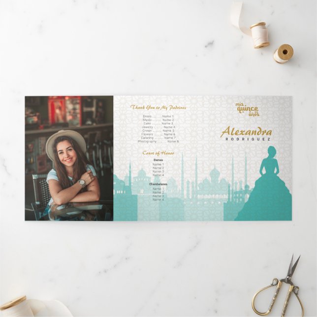 Invitación Tríptica Turquesa y Oro Fotografía de Quinceañera Árabe (Exterior)