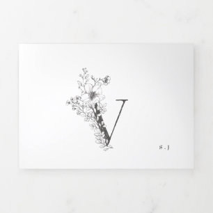 Invitación Tríptica 'V' Monograma Hermoso Boda floral esbozado