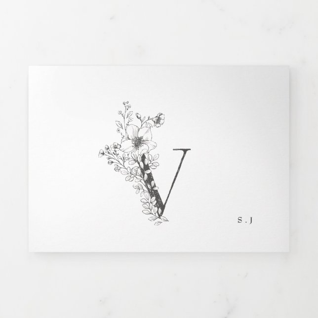 Invitación Tríptica 'V' Monograma Hermoso Boda floral esbozado (Foto de portada)