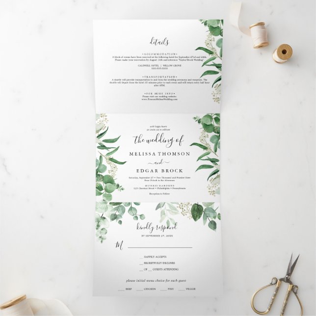 Invitación Tríptica Vegetación de eucalipto| Boda de hoja verde (Interior)