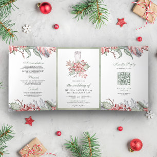 Invitación Tríptica Vela de Navidad con Poinsettia Rústica Código QR B