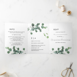 Invitación Tríptica Verde acuático moderno Eucalyptus Boda Tri-