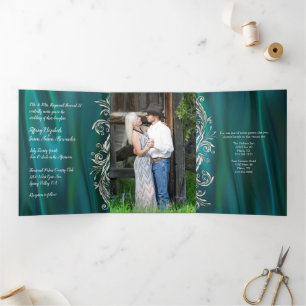 Invitación Tríptica Verde azulado Aspecto satinado con Boda pavo real