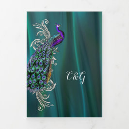 Invitación Tríptica Verde azulado Aspecto satinado con Boda pavo real