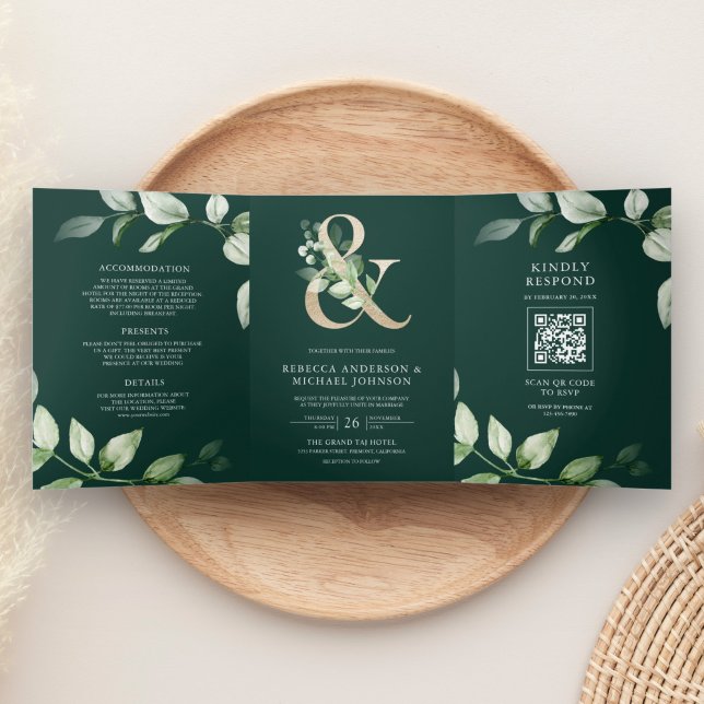 Invitación Tríptica Verde Dorado Ampersand Código QR Esmeralda Boda (Subido por el creador)