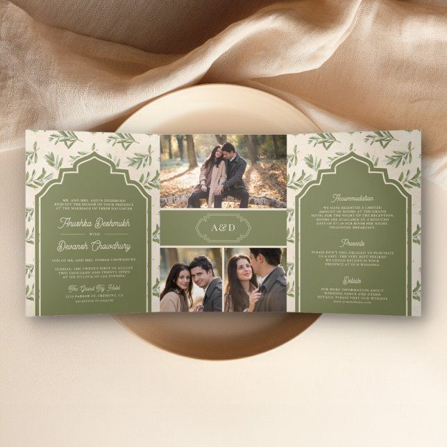 Invitación Tríptica Verde oliva deja todo en un Boda indio (Subido por el creador)