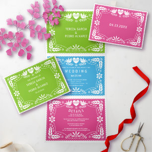 Invitación Tríptica Verde, rosa azul, papel picado, pájaros amorosos b