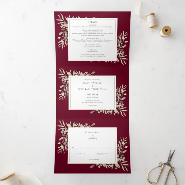 Invitación Tríptica Verdor botánico Burgundy Photo Boda (Interior)