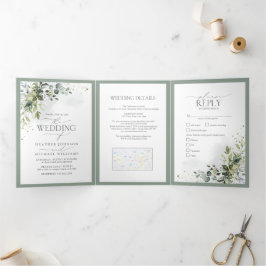 Invitación Tríptica Verdor botánico Floral acuarela Comida Boda