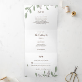 Invitación Tríptica Verdor minimalista con Boda acuarela floral