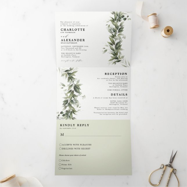 Invitación Tríptica Verdor Monochromati Todo en un triple Boda (Interior)